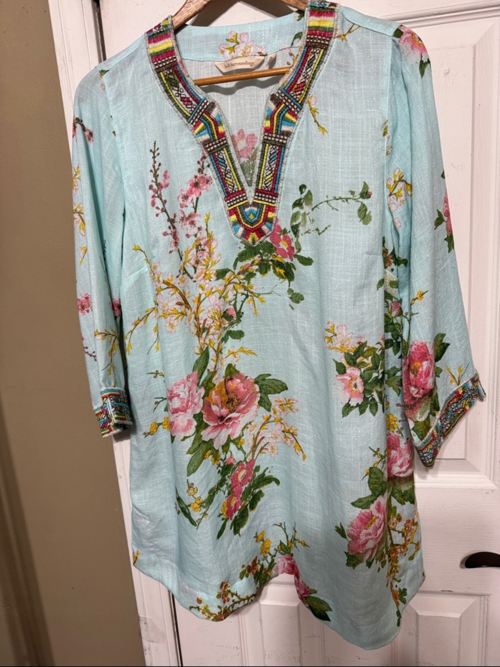 Soft Surroundings Mint Blue Floral Embroidered V-Neck Tunic